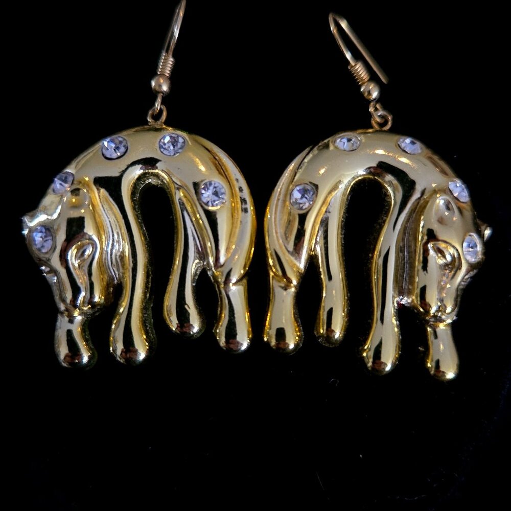 UNIQUE Vintage Gold & Rhinestone Jaguar / Big Cat Earrings